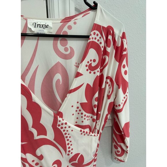 Trixie Red White Faux Wrap Dress Abstract Print 3/4 Sleeve Size L Made In USA - Picture 4 of 9